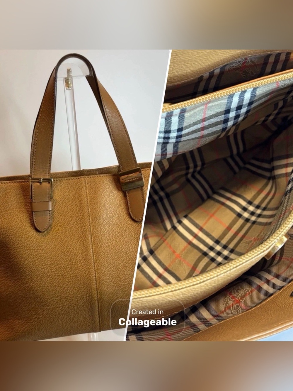 BURBERRY ($1,025) Camel Leather Tote Bag Nova Check Lining AUTHENTIC with COA